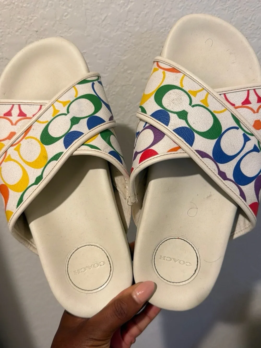 COACH White Rainbow Signature Slide Sandals